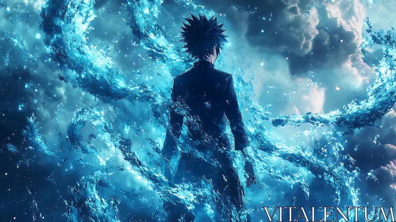 Stormlit hero stands within swirling cosmic water power