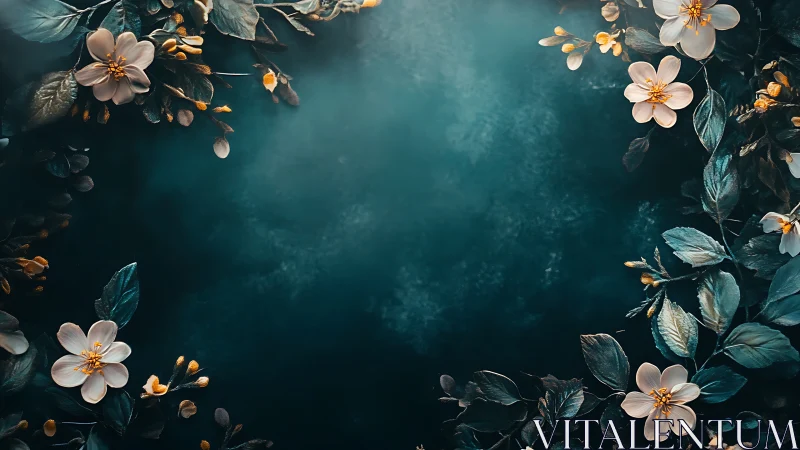 Teal background framed by white blossoms and foliage.