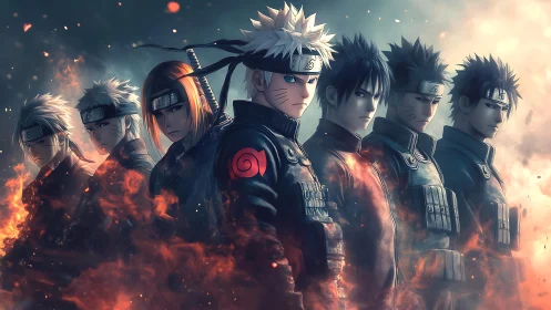 Lineup of anime-style ninjas standing amid glowing flames