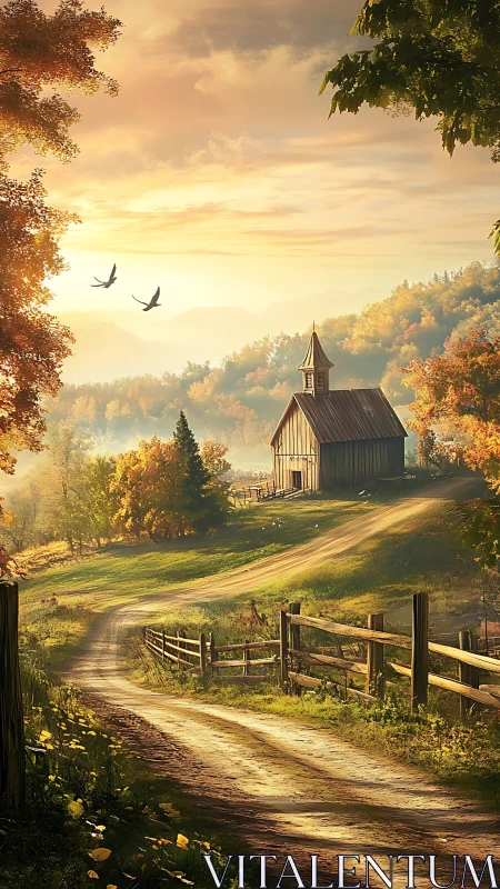 Sunlit country chapel along a winding autumn lane.