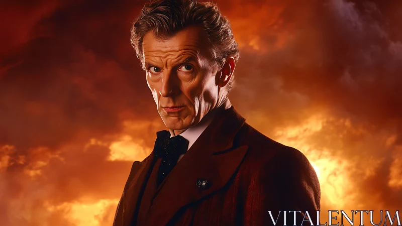 Brooding gentleman stands before burning stormy sunset sky