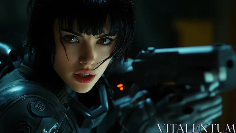 Armored cyberpunk heroine aims forward in tense standoff