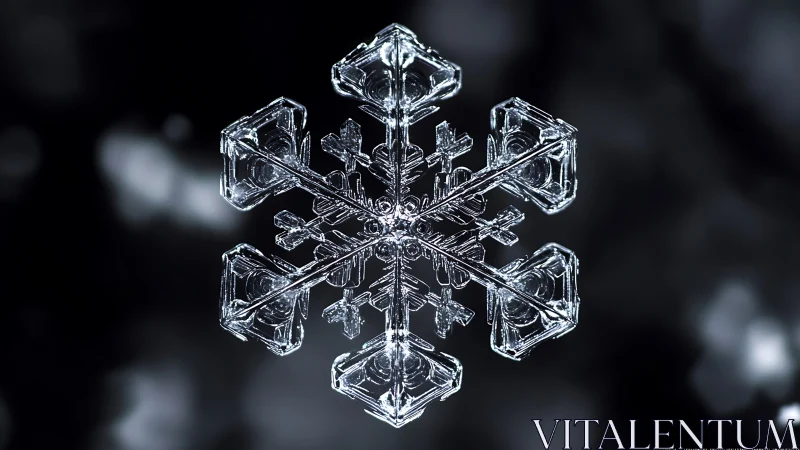 Macro view of a symmetrical hexagonal ice crystal snowflake.