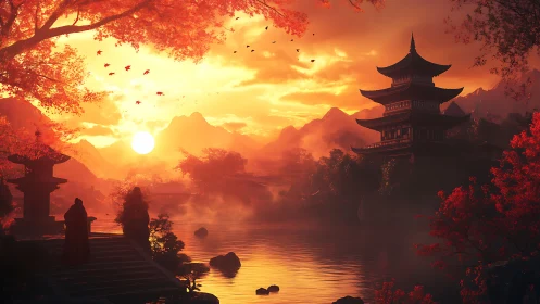 Sunlit pagoda dominates misty autumn lake at dramatic sunset