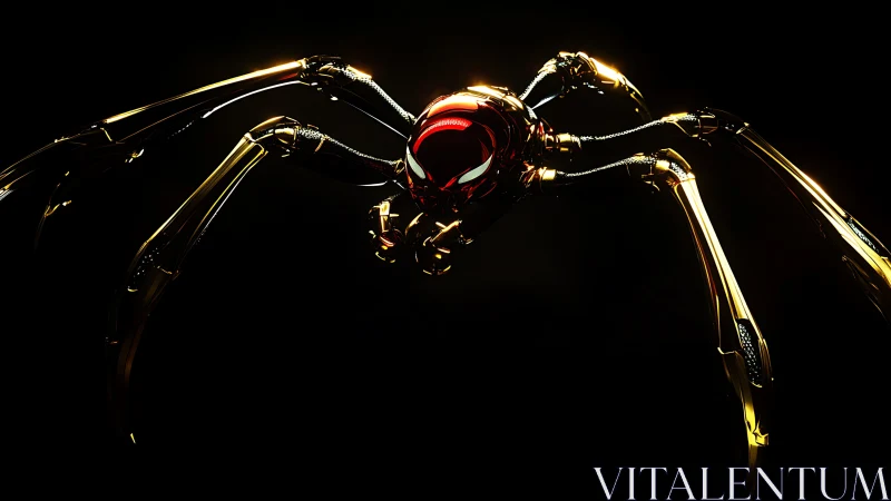 Metallic spider drone glows ominously against black void