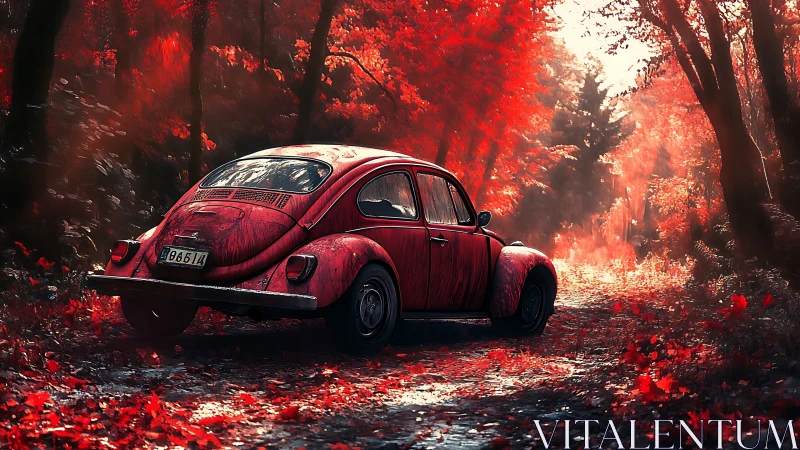 Retro red Beetle rendered in high-contrast autumn forest lighting