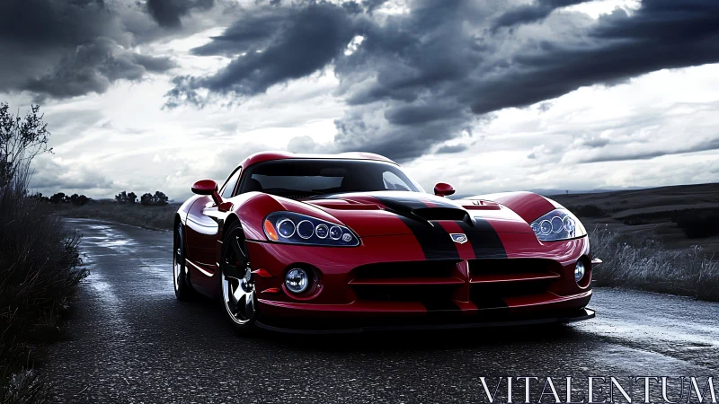 Red sports car on wet rural road under overcast sky.
