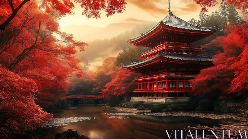 Red Japanese temple by river in dense autumn forest.