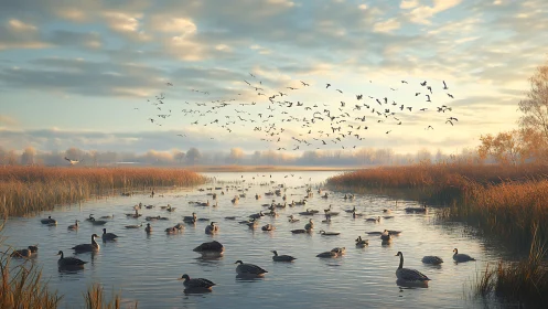 Migrating geese stitch dawn light across a quiet autumn marsh