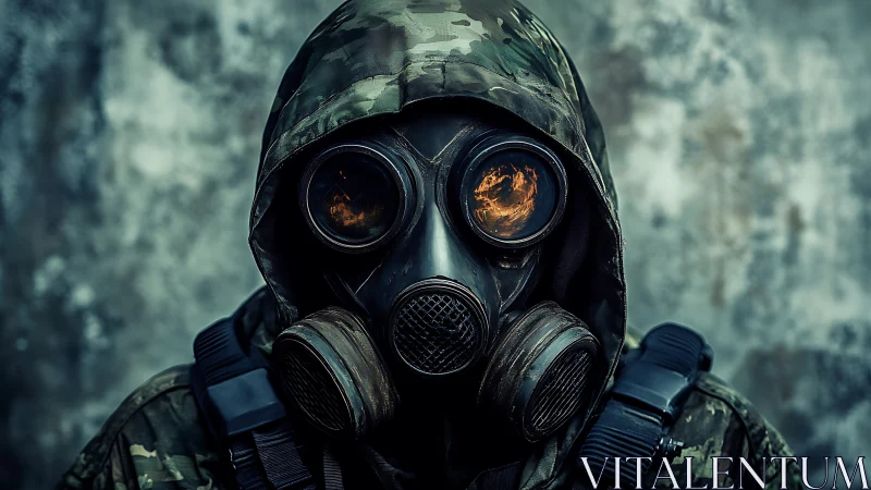 Post-apocalyptic soldier in gas mask, cinematic portrait study.