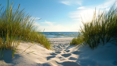 Coastal sand dunes with sunlit grasses framing tranquil sea.