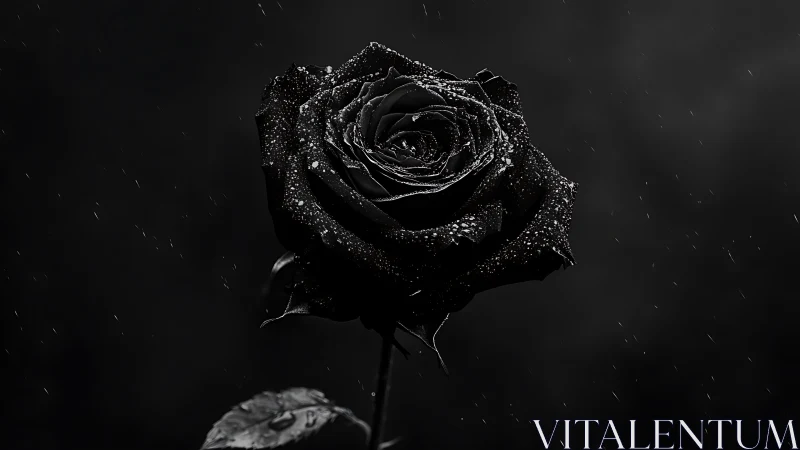 Monochrome macro black rose isolates under soft directional rain
