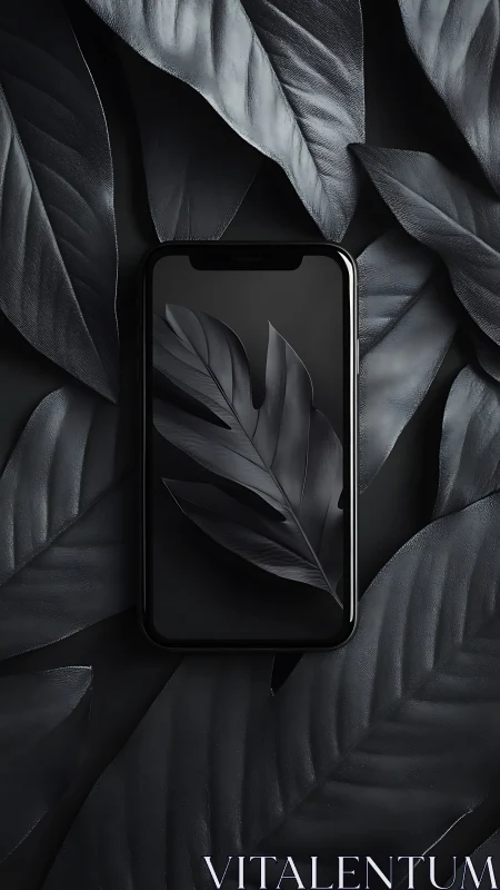 Dark smartphone rests amid monochrome tropical leaves.