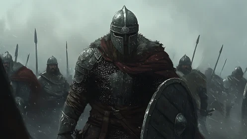 Armored vanguard warrior advances through mist with shield raised