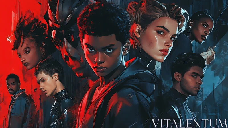 Ensemble of stylized young figures in split red blue setting.