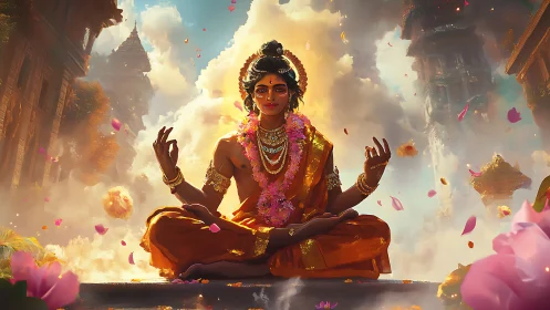 Serene deity in golden robes amidst drifting temple clouds.