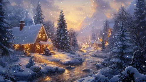 Snowy mountain village glows with warm holiday cabin lights.