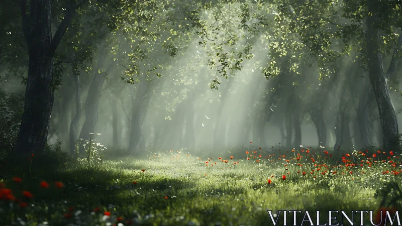 Sunlit Forest Path with Red Poppies.