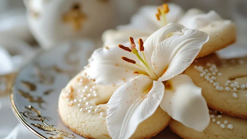 Close-up of white lily on decorated sugar cookies.