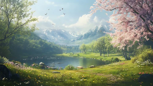 Spring lake valley under snowcapped mountain range panorama