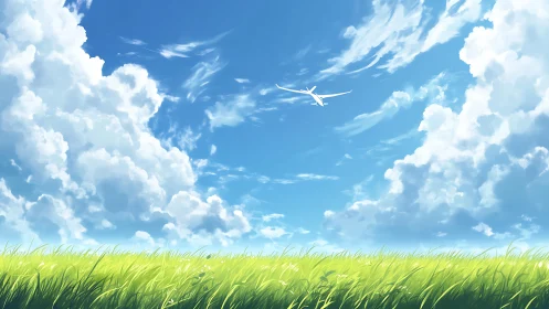 Anime landscape sky with soaring glider and windblown meadow.