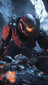 Armored scout advancing through misty alien ravine.