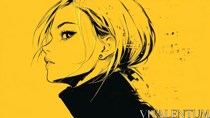 High-contrast anime portrait with glitch-textured yellow field.