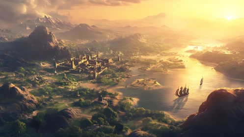 Sunlit river kingdom leans toward the horizon’s golden hush