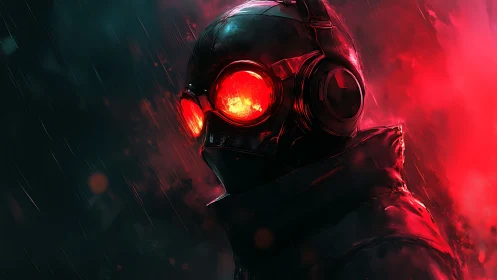 Cyberpunk sentinel with burning crimson visor in rain