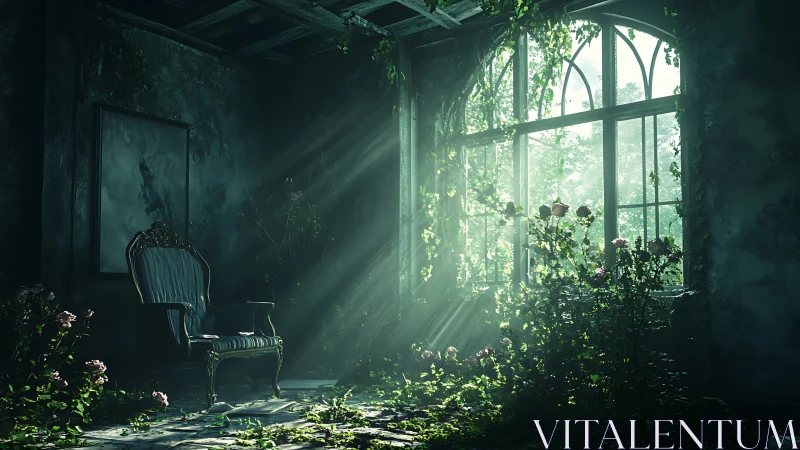 Sunlit abandoned room shows overgrown vines reclaiming interior