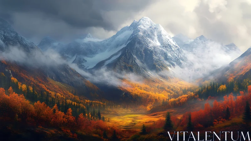 Majestic snowy mountains towering above a glowing autumn valley.