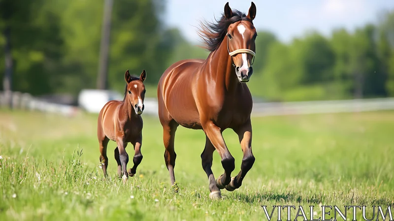 Brown mare and foal running across green pasture field