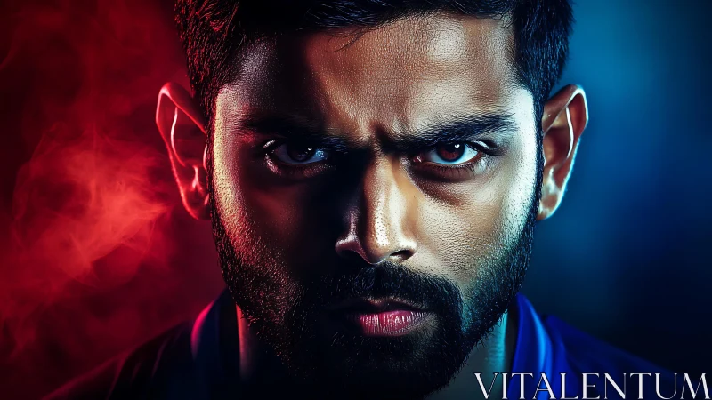 Fiery focus and cool resolve in a dramatic close-up portrait.