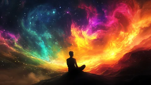 Silhouette meditating beneath multicolor cosmic nebula sky