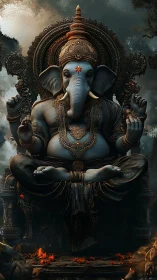 Majestic seated Ganesha idol radiates power in dark shrine