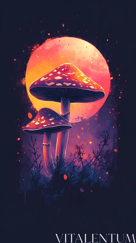 Luminous moonlit mushrooms guarding a neon twilight forest.