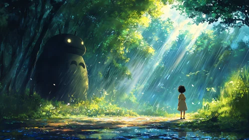 Child meets large forest creature in sunlit rain.