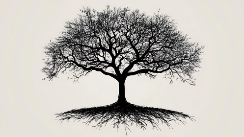 Bare tree silhouette with mirrored roots on light background.