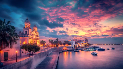 Harbor lights flirt with a neon sunset over the old cathedral