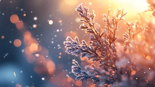 Golden winter branches shimmering in first quiet snowfall.