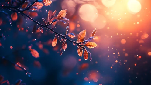 Backlit branch with wet orange leaves in defocused light