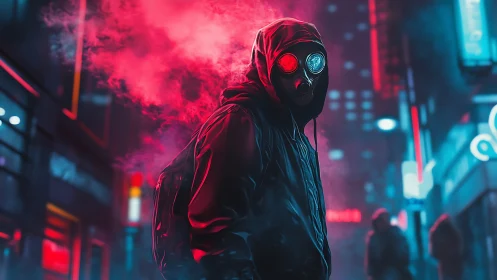 Hooded gasmask drifter in neon aerosol-saturated alleyway.