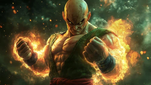 Flame-wreathed warrior clenches molten power in fierce focus