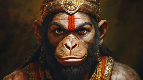 Hyperrealistic simian deity portrait with ornate golden crown
