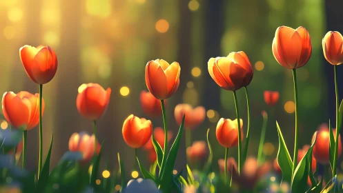 Red tulips backlit by golden sunlight in garden setting