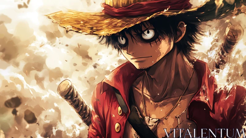 Battle-worn anime swordsman in dynamic dust and fire lighting