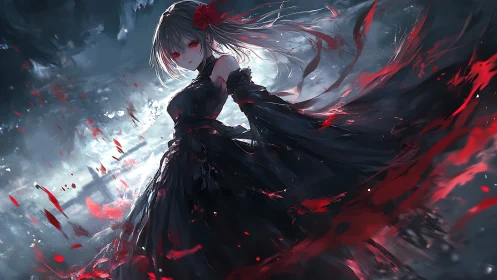 Female figure in black dress amid red abstract fragments.