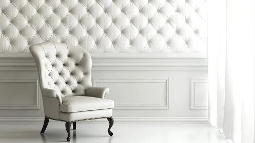 Tufted ivory armchair in bright neoclassical interior.