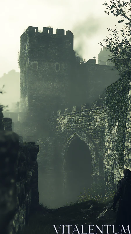 Cloaked watcher beneath the moss-bitten castle gate tower.