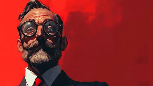 Portrait of an older man in suit against flat red background.